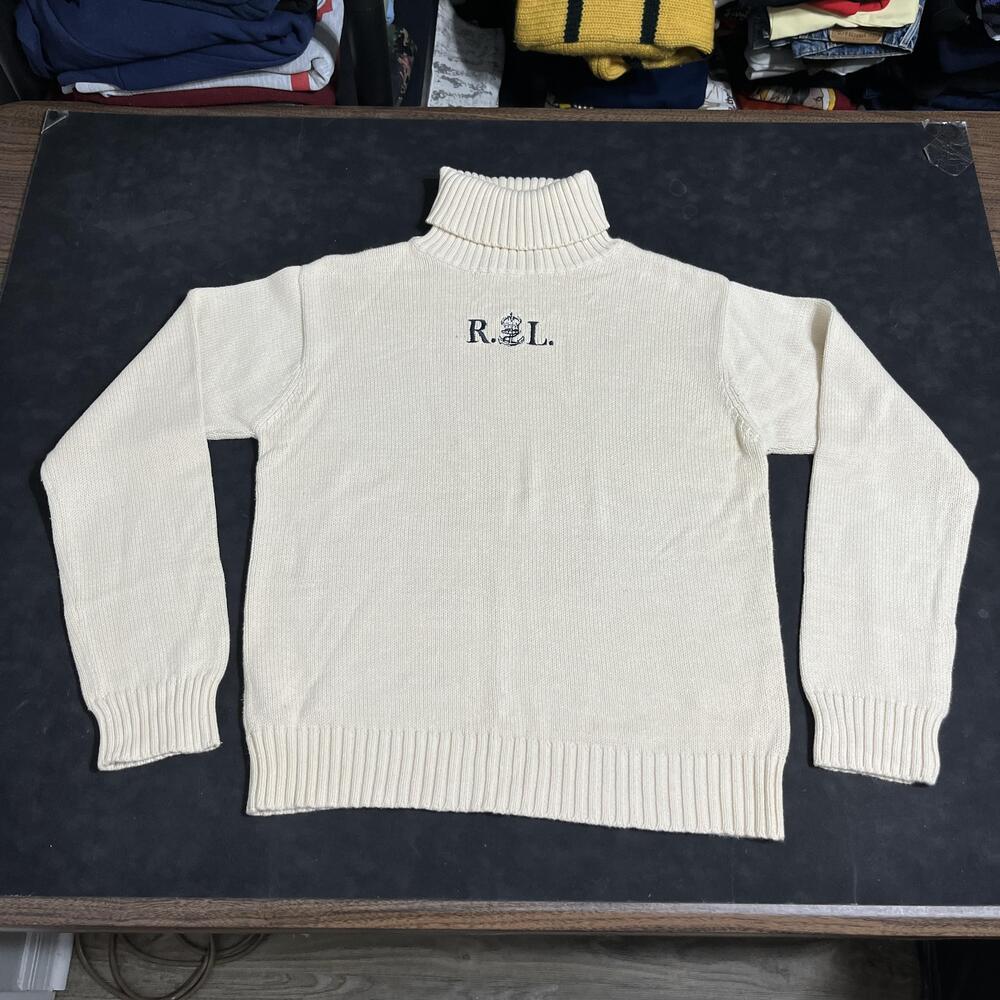 Vintage Ralph Lauren Sweater Women Cotton Nautical Turtleneck RL 90s Navy Anchor